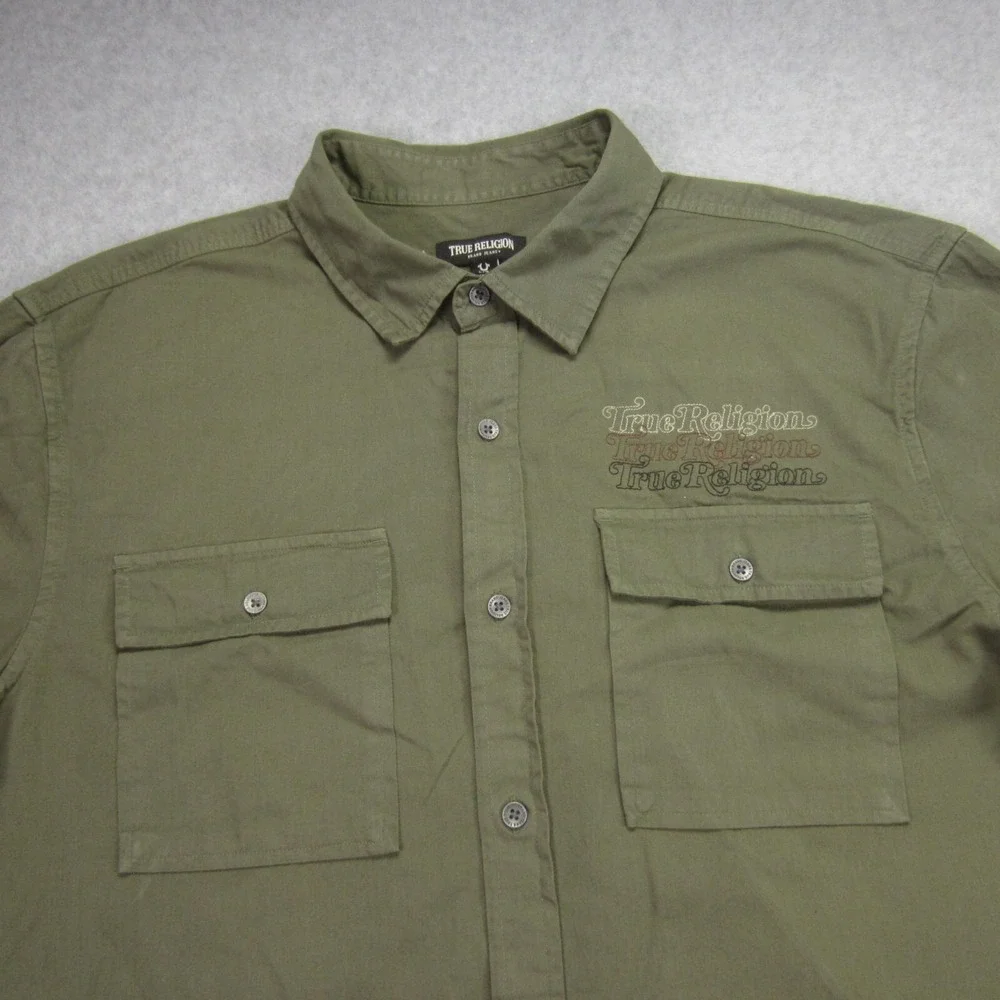 True Religion Shirt Mens L Green Short‎ Sleeve Button Up Triple Needle Pocket
